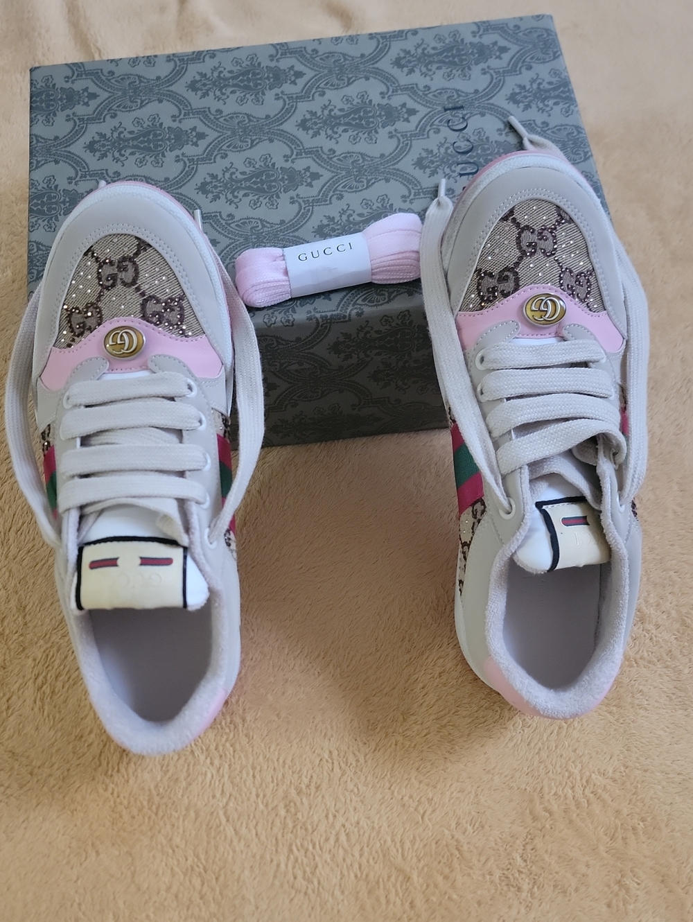 Gucci Kids White, Pink & Beige GG Logo Sneakers with Signature Web Stripe